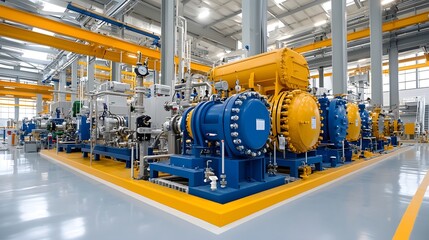 Fototapeta premium Interior view of a large modern industrial natural gas processing facility featuring an intricate network of pipes valves