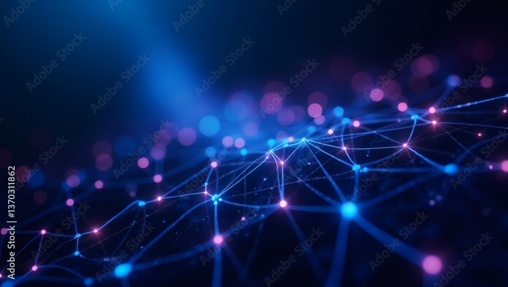 Poster an abstract representation of a network connection in a blue and pink color scheme. The image features interconnected nodes and lines, conveying the concept of data flow and communication.