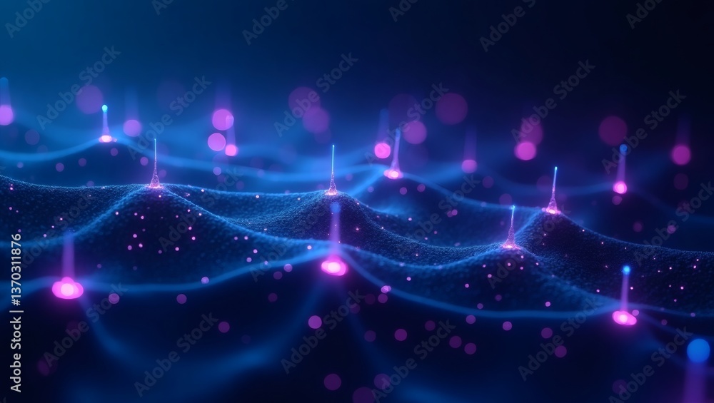 Aufkleber a digital visualization of data flow with glowing dots and lines creating an abstract network pattern. The image showcases technological innovation