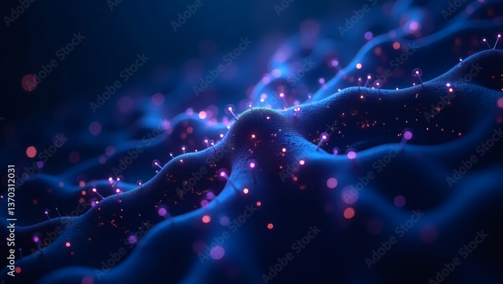 Poster abstract digital landscape with flowing blue shapes and glowing particles, with bokeh effect in futu
