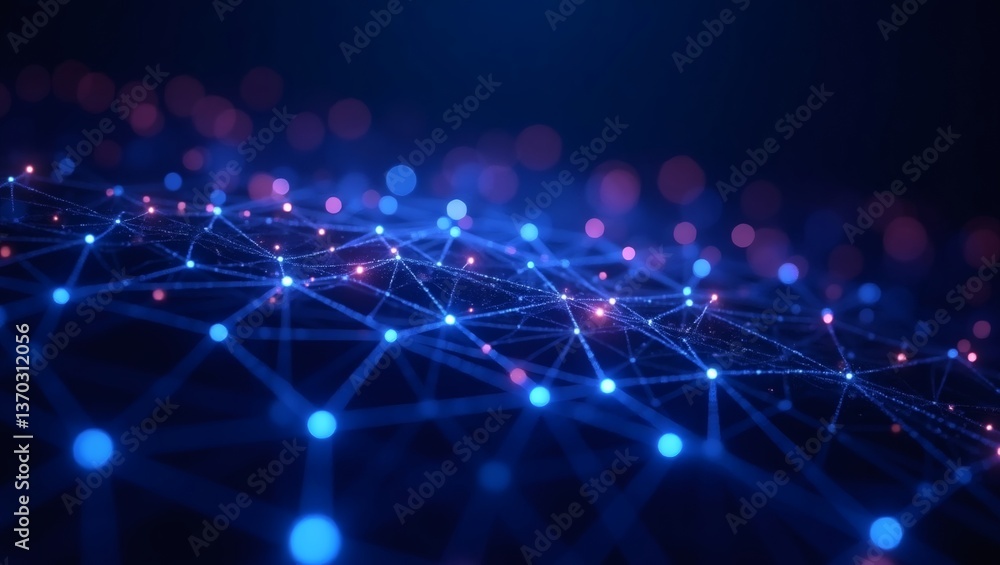 Poster a complex network of interconnected points, representing data flow and technological advancement. The image displays a vibrant, abstract view of a digital network, with glowing nodes and lines
