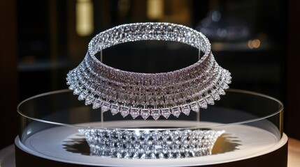 A brilliant diamond necklace inside a transparent jewelry display case with a mirrored bottom