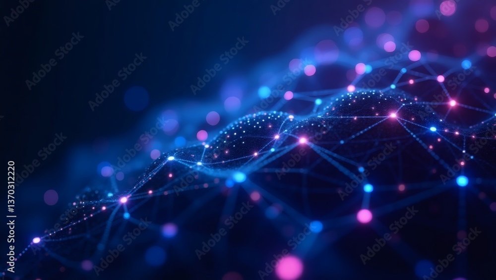 Poster an abstract depiction of a digital network of interconnected nodes and lines in a mesmerizing visual display