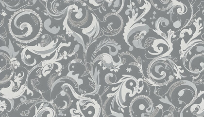 Elegant Gray Swirls Floral Pattern Background Wallpaper Design Textile Fabric Decorative Art Abstract Vintage Style Classic