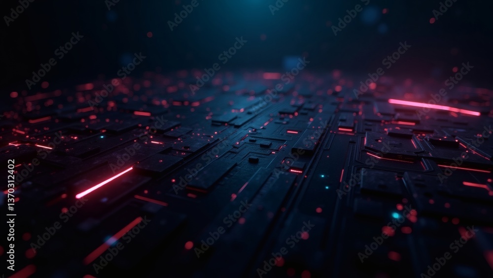 Poster an abstract representation of a circuit board illuminated with red lights