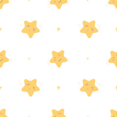 twinkle twinkle little star, Seamless childish pattern with Bright and cheerful yellow stars with smiling faces, doodle