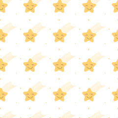 twinkle twinkle little star, Seamless childish pattern with Bright and cheerful yellow stars with smiling faces, doodle