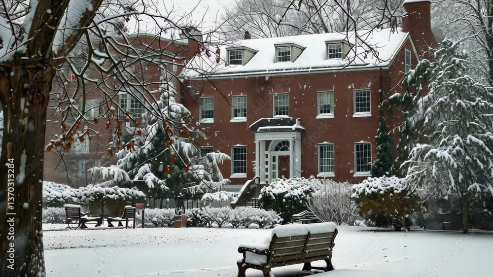 Poster a serene winter landscape features a snow-covered historic brick building surrounded by trees and a 