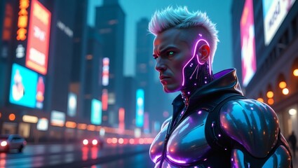 Obraz premium a futuristic portrait of a man in a cyberpunk city, bathed in neon lights