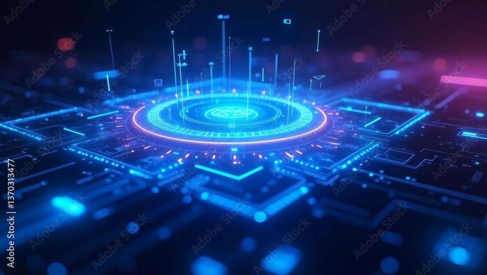 Aufkleber an abstract image of a futuristic computer chip with glowing lights and complex circuitry. A central processing unit with glowing circles and lines