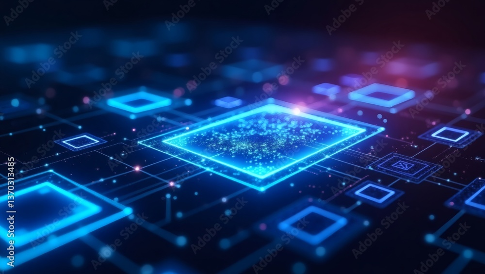Poster glowing microchip on a digital circuit board, representing technology