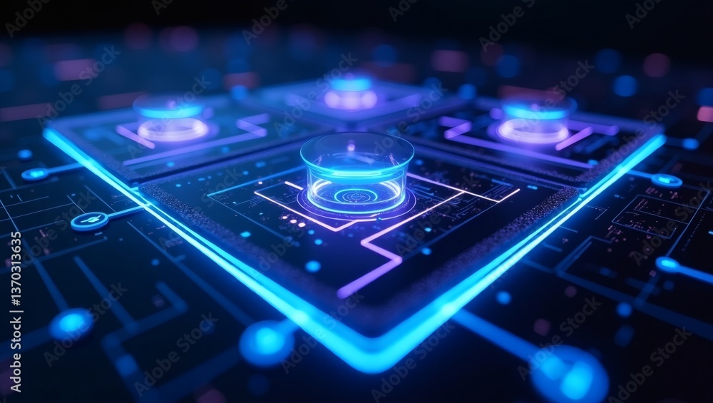 Poster a digital circuit board with glowing blue lights, showcasing advanced technology and futuristic desi