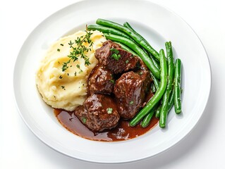 Serving of Beef Stew with Mashed Potatoes and Green Beans on Plate