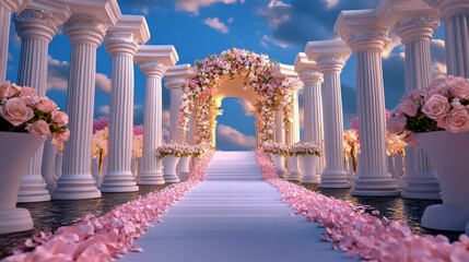 Celestial Wedding Aisle: Grecian Columns & Pink Rose Archway