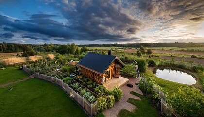 Fototapeta premium Cozy wooden house with a lush vegetable garden, a small pond, and a peaceful rural landscape under a dramatic sky