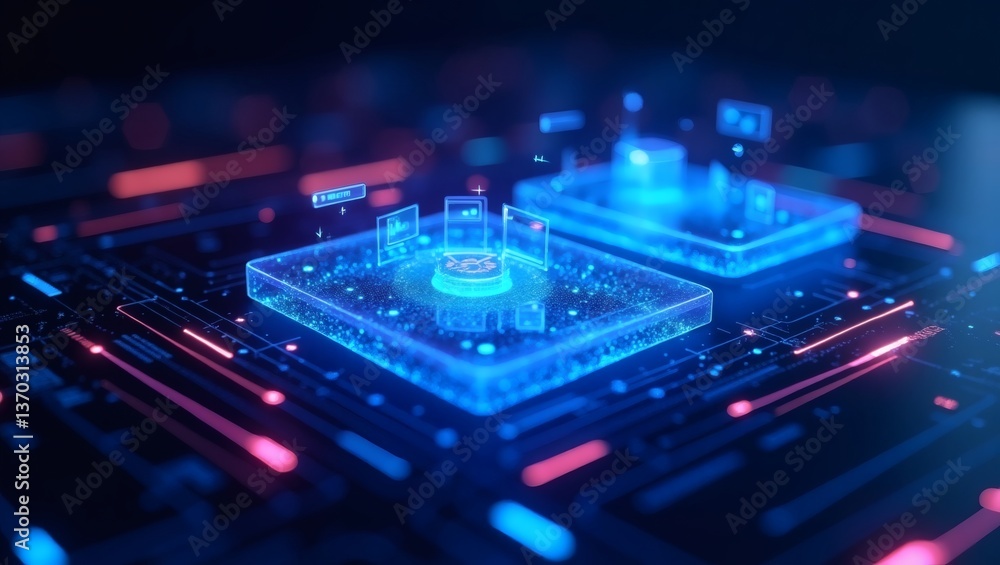 Poster two illuminated central processing units on a microchip, symbolizing innovation and technology