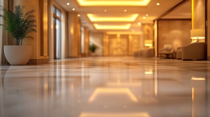 Luxury Hotel Lobby Interior Design: Elegant Corridor with Warm Lighting and Polished Floors