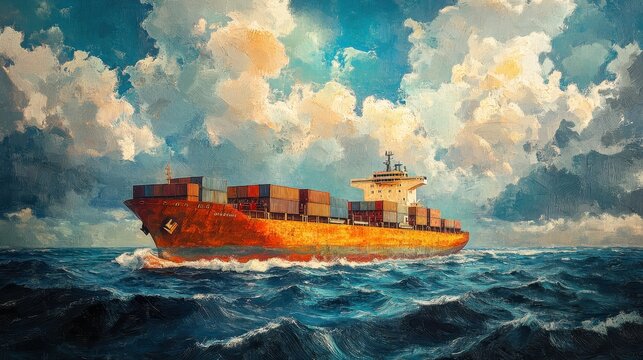 A large cargo ship sails on a turbulent open ocean