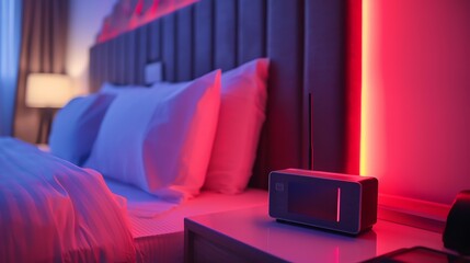 A bedside table with a modern clock radio on it. The bed is made with white linens and there is a red light on the wall behind it.