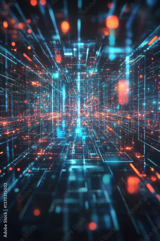 Poster cyberpunk digital network design virtual space 3d visualization futuristic environment close-up view