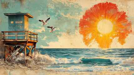 Elevated Lifeguard Tower at Sunset: Artistic Scene Featuring a Blue Tower on Sandy Beach, Flying Seagulls, Crashing Ocean Waves, and Radiant Sunlight.