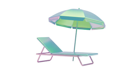 Isolated Beach Chair and Umbrella in Holographic Colors, Summer Vacation
