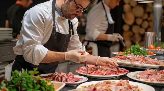 A chef wearing a white coat and black apron carefully arranges a plate of sliced meats and garnishes it with herbs.