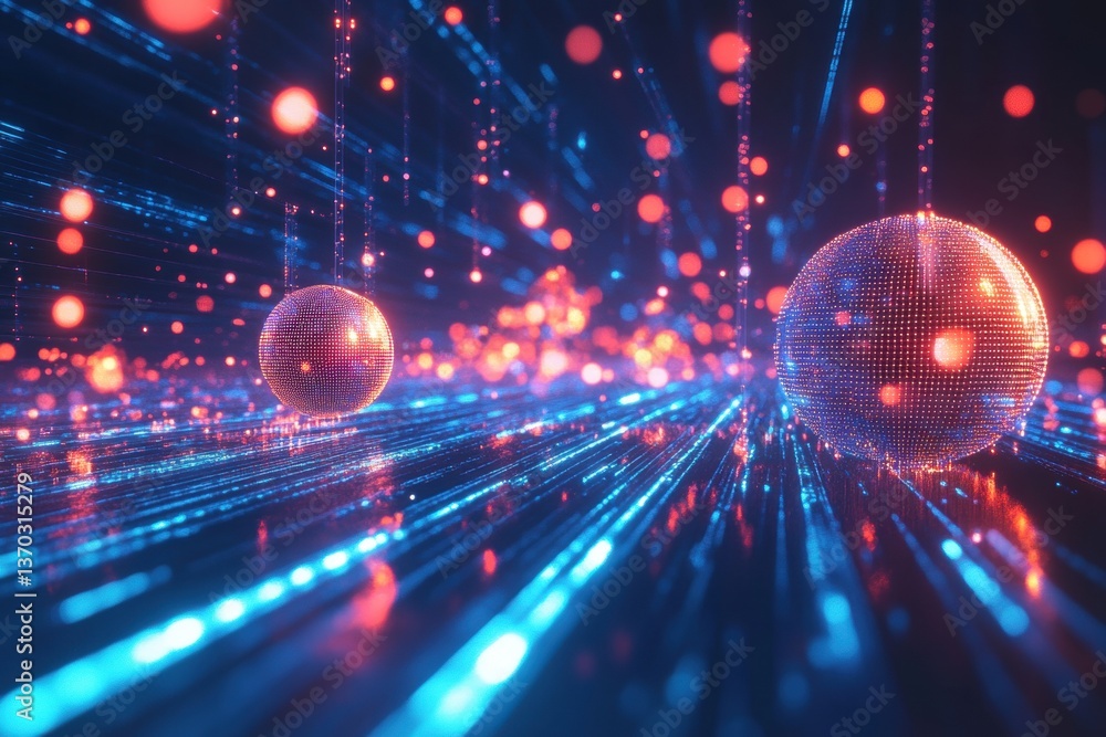 Poster dynamic data packets as glowing orbs flowing through a digital landscape abstract visual art