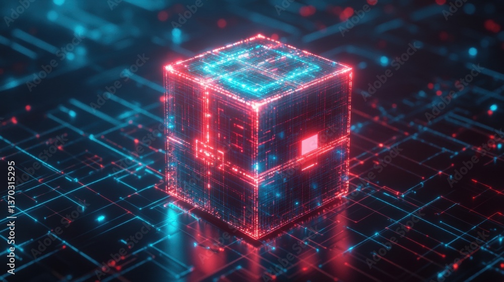 Poster dynamic data streams flowing through a glowing circuit cube cyber environment abstract technology co