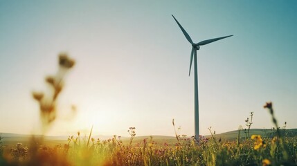 Tranquil Landscape Featuring a Towering Wind Turbine Amidst Colorful Wildflowers Under a Clear Blue Sky During Golden Hour with Soft Sunlight Illuminating the Scene