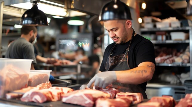 A butcher wearing a black apron and gloves is cutting meat in a butcher shop. He is using a knife to cut the meat. He has a tattoo on his left arm.