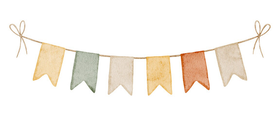 Watercolor illustration of Garland with pastel flags, tied with bows. Drawing of hanging banner for baby shower invitations, nursery decor, or birthday greeting cards. Art of pennants for party.
