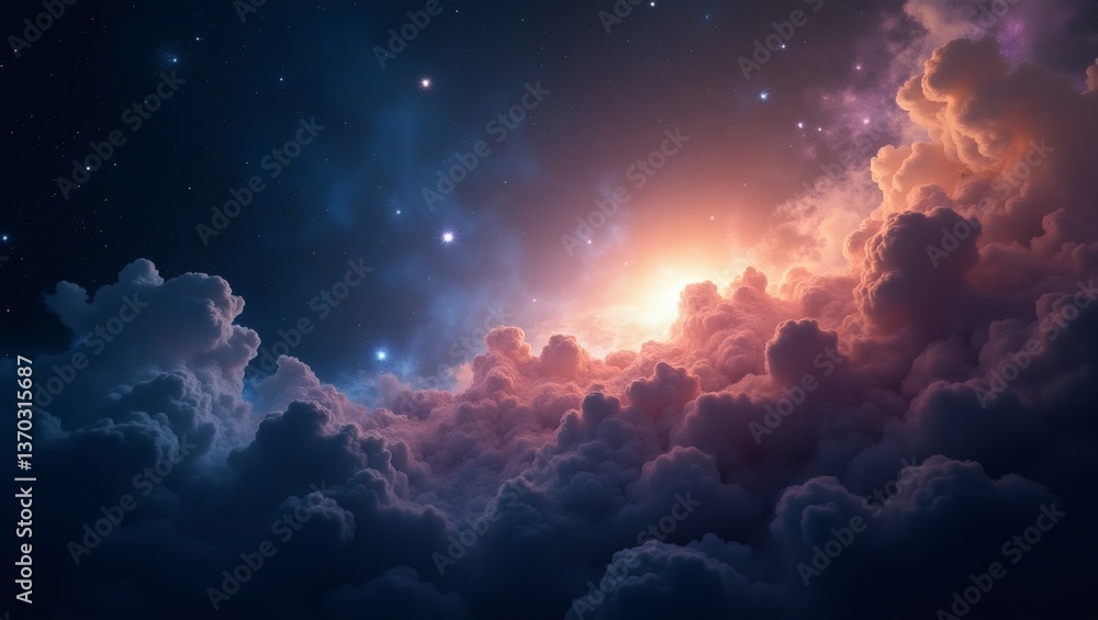 Poster a mesmerizing view of clouds with shining stars. the sunlight illuminates the clouds with different colors, creating a dreamy atmosphere