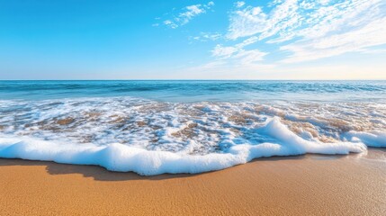 Tranquil Ocean Waves Gently Lapping on Golden Sand Beach Under Bright Blue Sky with Fluffy White Clouds Casting Soft Shadows in Beautiful Seaside Landscape