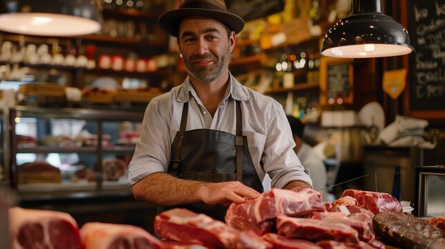 A butcher stands behind the counter of his shop, displaying a variety of fresh meat cuts. He is wearing a white shirt, apron, and brown hat.