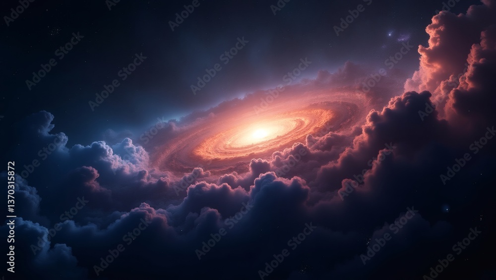 Poster a mesmerizing view of the cosmos with a vibrant galaxy swirling amidst celestial clouds. the scene i