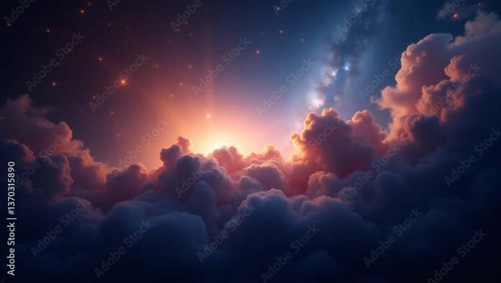 Poster a mesmerizing celestial scene featuring an ethereal sunrise peeking through the clouds, illuminating