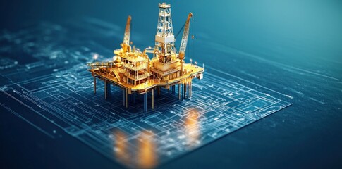 A detailed illustration of an oil rig on a blueprint background, showcasing modern engineering and technology in the oil industry with vibrant colors and a futuristic concept