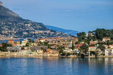 Fototapeta premium Cap Ferrat coastal view, village and mountains landscape in Cote D'Azur, France