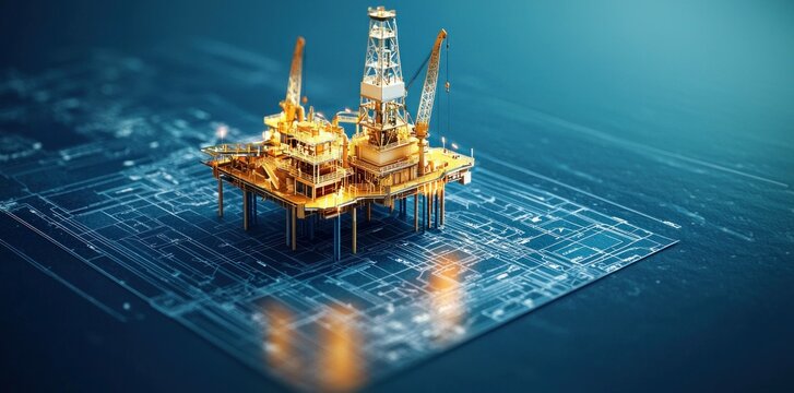 A detailed illustration of an oil rig on a blueprint background, showcasing modern engineering and technology in the oil industry with vibrant colors and a futuristic concept