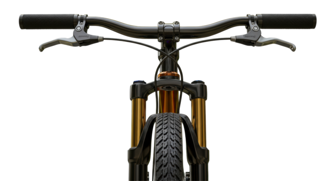 Isolated Close-up View of Mountain Bike Front Suspension and Handlebars
