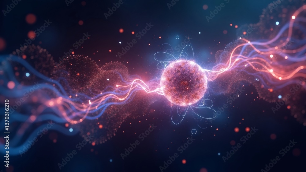 Poster an illustration of a glowing atom surrounded by energy waves and particles, representing concepts of