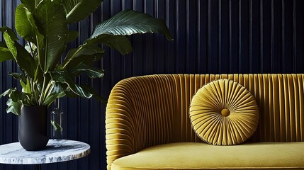 Plush Yellow Velvet Sofa with Plant Home Decor