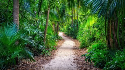 Fototapeta premium A narrow path through a tropical jungle, with towering palm trees and thick green vegetation