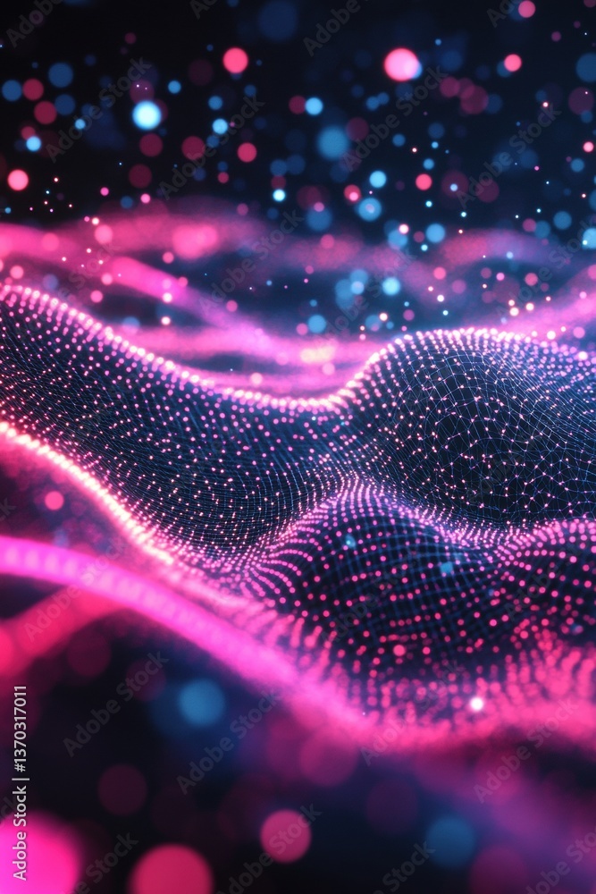 Poster dynamic neon particle mesh visualization digital environment abstract concept futuristic viewpoint