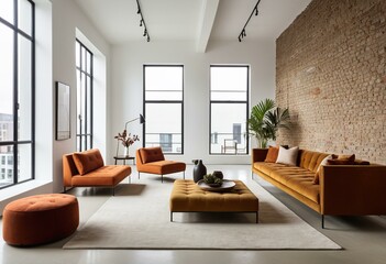 A living room filled with furniture and a brick wall.