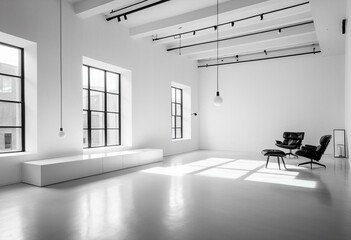 A large empty room with large windows in it.