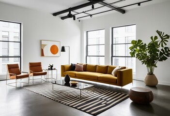 A living room filled with furniture and a brick wall.