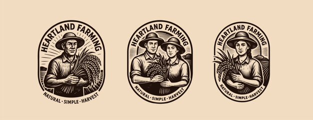 Vintage-style farmer illustrations with wheat and rural background