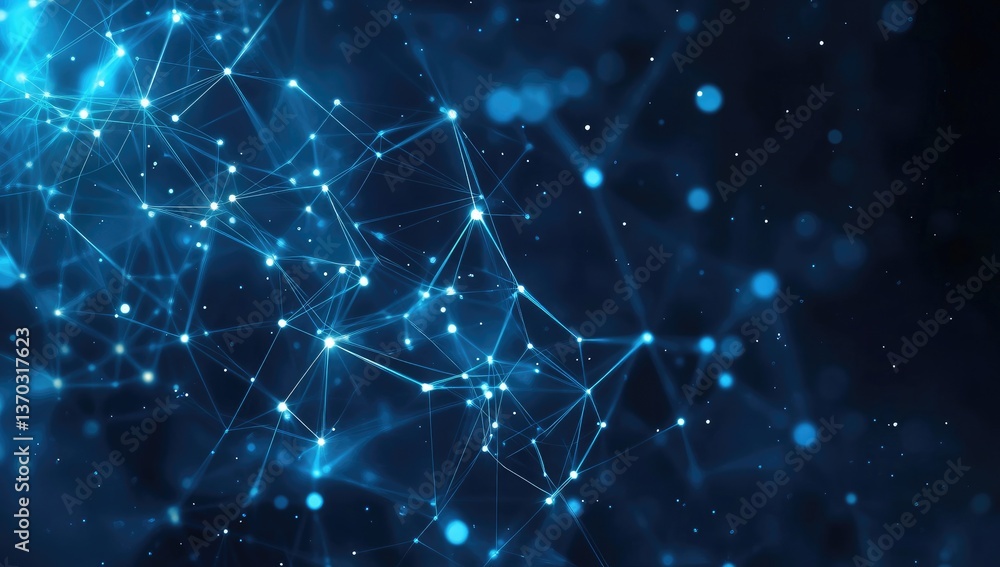 Poster intricate network of glowing blue data points and interconnections against dark backdrop in a tech i